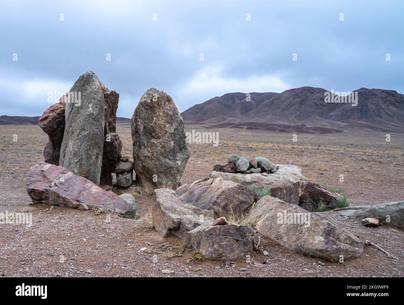 Ancient fireplace stones, antique camping site  - a 12th century camp of Ghengis Khan nomads, Altyn-Emel National Park, Kazakhstan Stock Photo