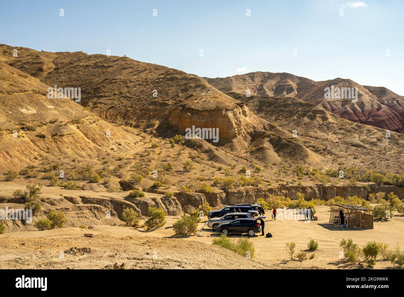 Outdoor vehicles in Altyn Emel national park, Kazakhstan, Central Asia Stock Photo