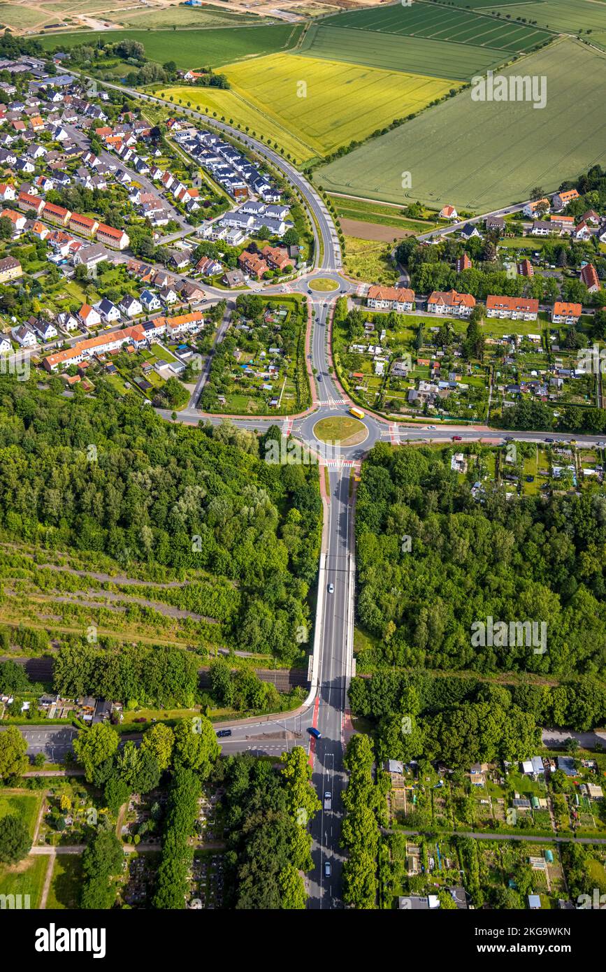 Aerial view, bypass road and bicycle lanes, two traffic circles at ...