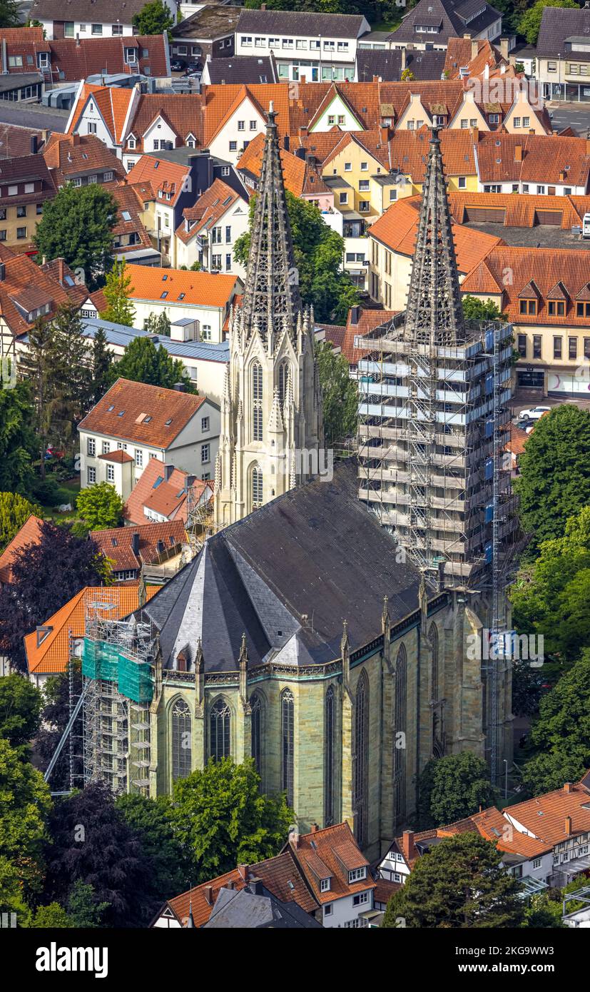 Aerial view, aerial photo, steeple renovation of the evangelic church