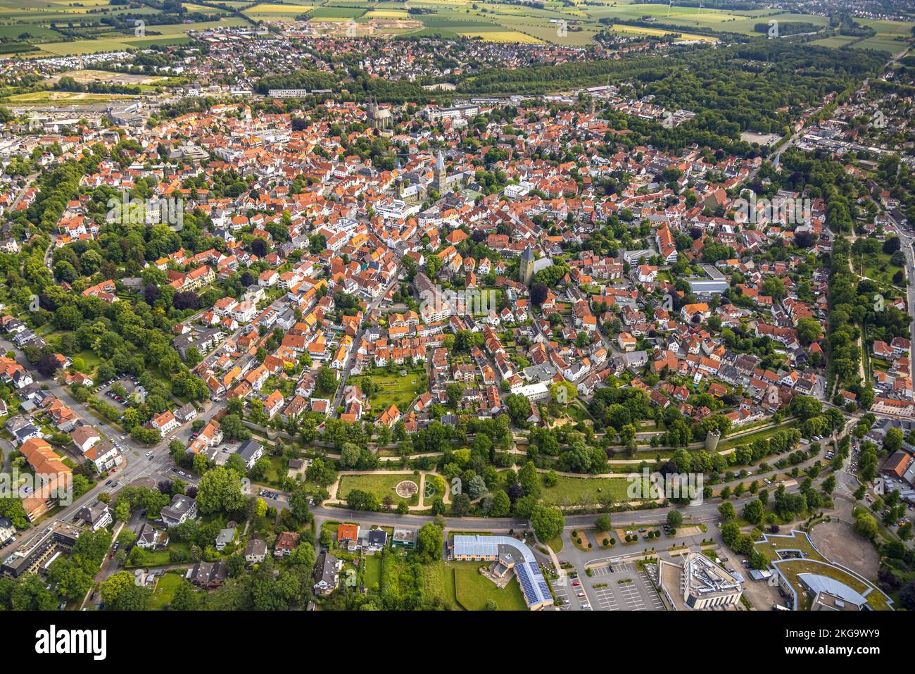 Aerial view, city view and old town with (from left) Sankt Pauli church, St. Patrokli cathedral, St. Petri Alde Kerke and evang. church Sankt Maria zu Stock Photo