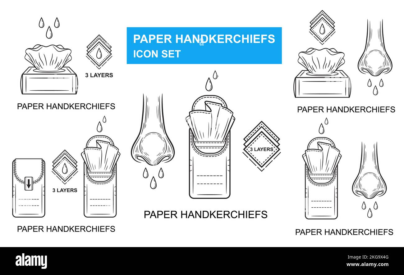Paper napkins tissues box, disposable handkerchief for runny nose hygiene line icon. Dry clean wipes package. Facial skin towel pack on flu. Vector Stock Vector