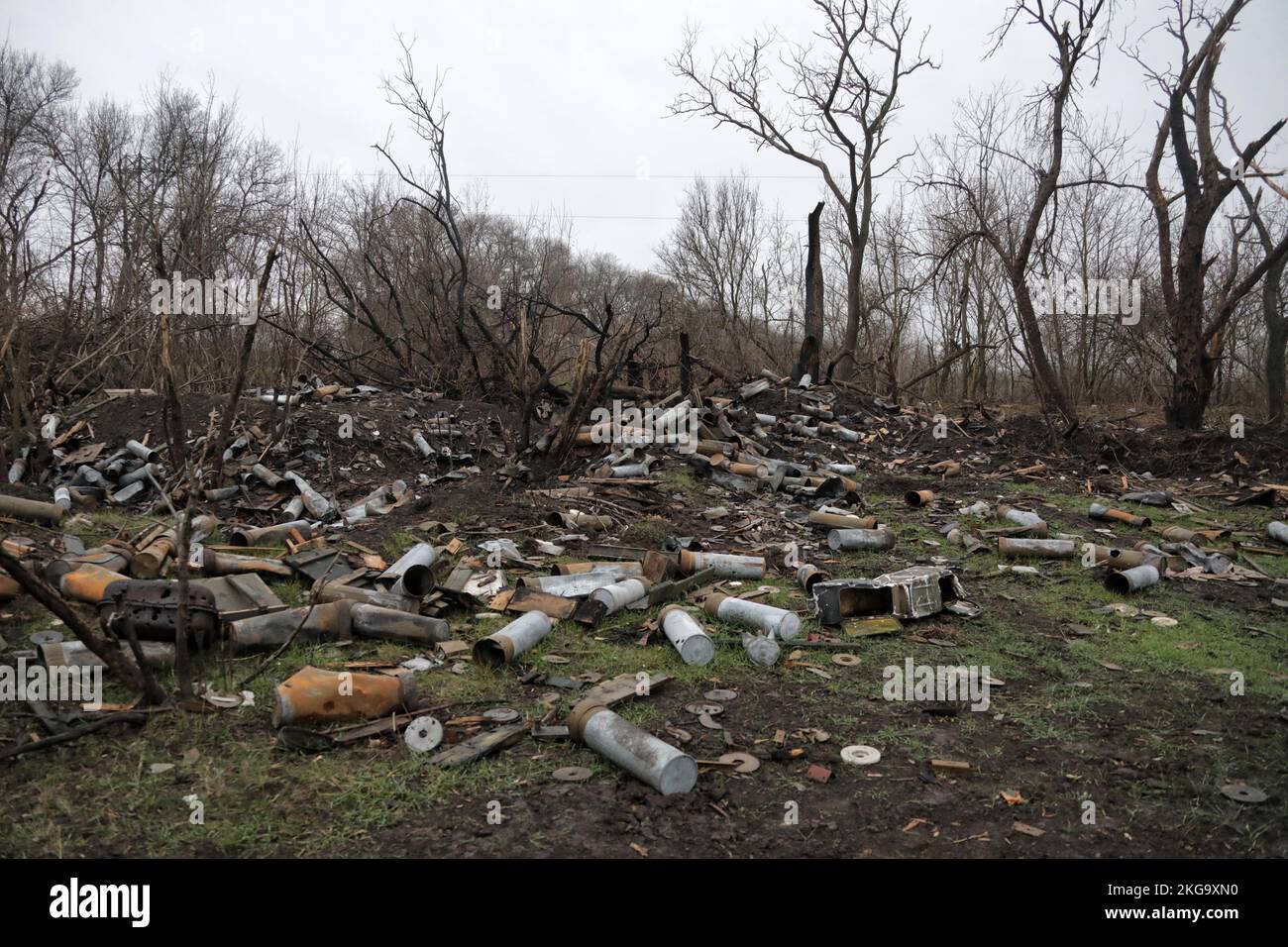 KHERSON REGION, UKRAINE - NOVEMBER 20, 2022 - Fragments of ammunition are seen near the village of Pravdino liberated from the Russian occupiers by the Ukrainian defenders, Kherson Region, southern Ukraine. Stock Photo