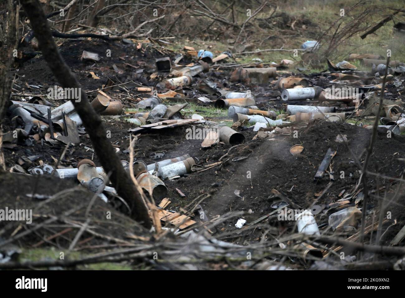 KHERSON REGION, UKRAINE - NOVEMBER 20, 2022 - Fragments of ammunition are seen near the village of Pravdino liberated from the Russian occupiers by the Ukrainian defenders, Kherson Region, southern Ukraine. Stock Photo