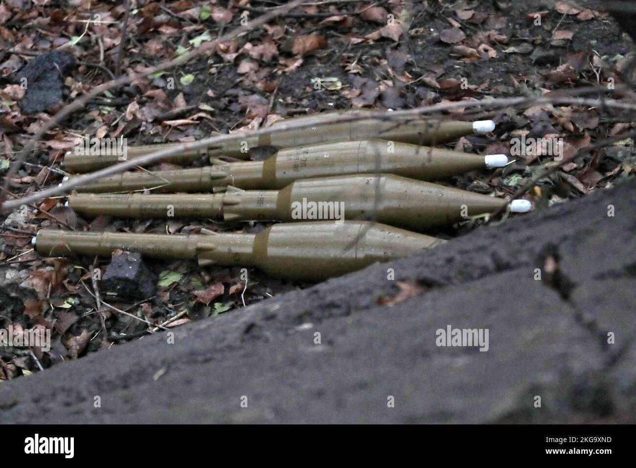 KHERSON REGION, UKRAINE - NOVEMBER 20, 2022 - Ammunition for grenade launchers is seen near the village of Pravdino liberated from the Russian occupiers by the Ukrainian defenders, Kherson Region, southern Ukraine. Stock Photo
