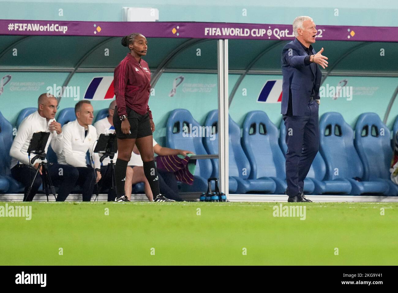Al Wakrah, Qatar. 22nd Nov, 2022. Fourth Official Salima Mukansanga (L) and Didier Deschamps, head coach of France, are seen during the Group D match between France and Australia of the 2022 FIFA World Cup at Al Janoub Stadium in Al Wakrah, Qatar, Nov. 22, 2022. Credit: Meng Yongmin/Xinhua/Alamy Live News Stock Photo