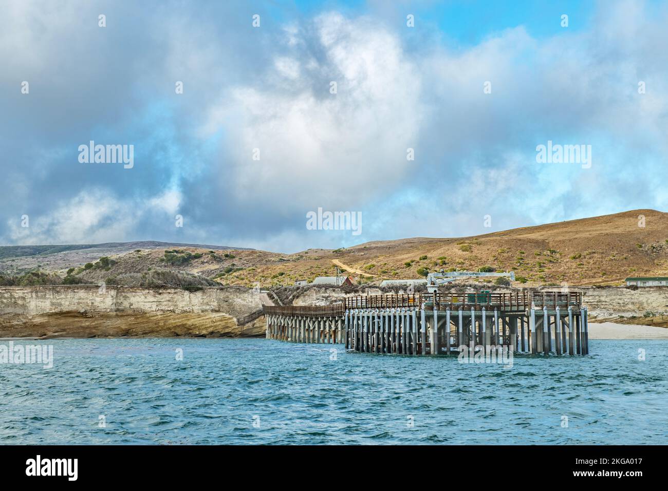 Santa Rosa Island, one of eight Channel Islands, has a pier for rangers and approved guests to access the island for tours and research. Stock Photo
