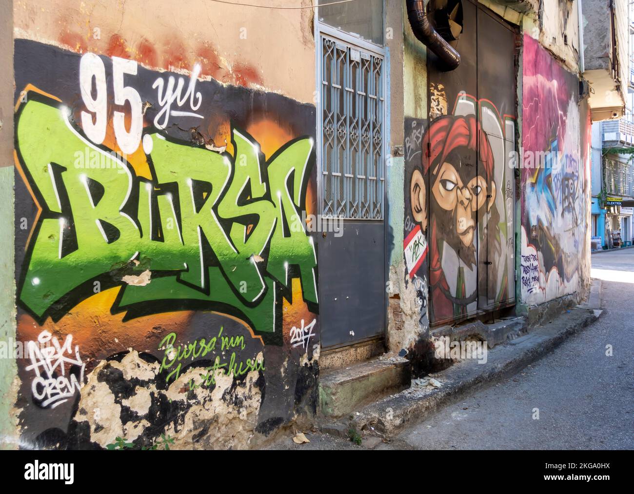 Bursa Turkey. Simple murals graffiti in old town Bursa. 95. artists Stock Photo