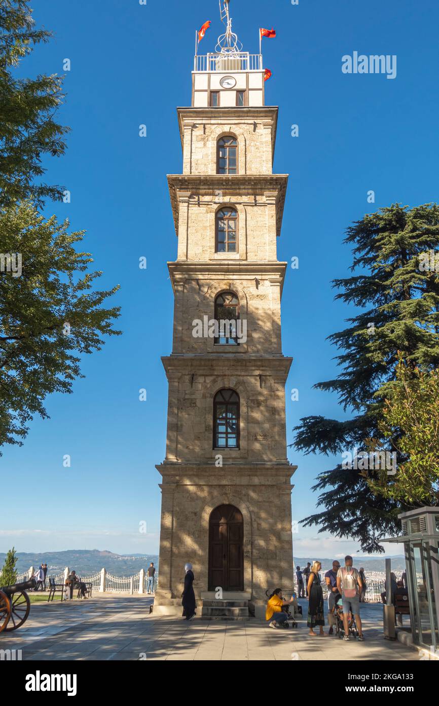 Bursa Clock tower. Tophane Clock Tower with a radio clock and is used as a fire lookout station. Bursa Turkey, Built in 1905 Stock Photo