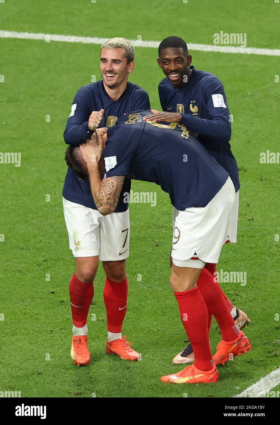 Al Wakrah, Qatar. 22nd Nov, 2022. Players of France celebrate their goal during the Group D match between France and Australia of the 2022 FIFA World Cup at Al Janoub Stadium in Al Wakrah, Qatar, Nov. 22, 2022. Credit: Pan Yulong/Xinhua/Alamy Live News Stock Photo