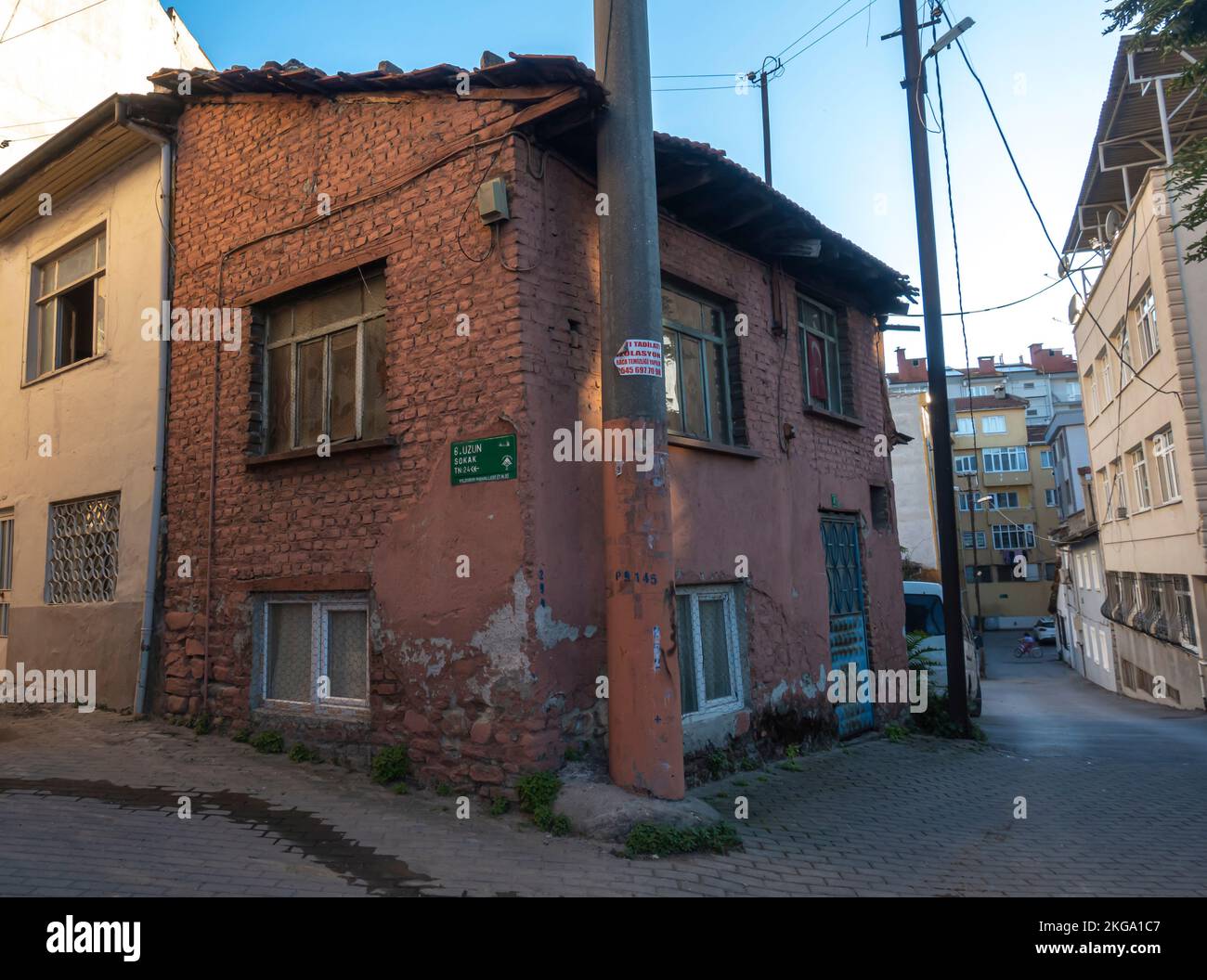 Bursa Turkey. Old brick hiouse in old town. Old streets in historic turkish city Stock Photo