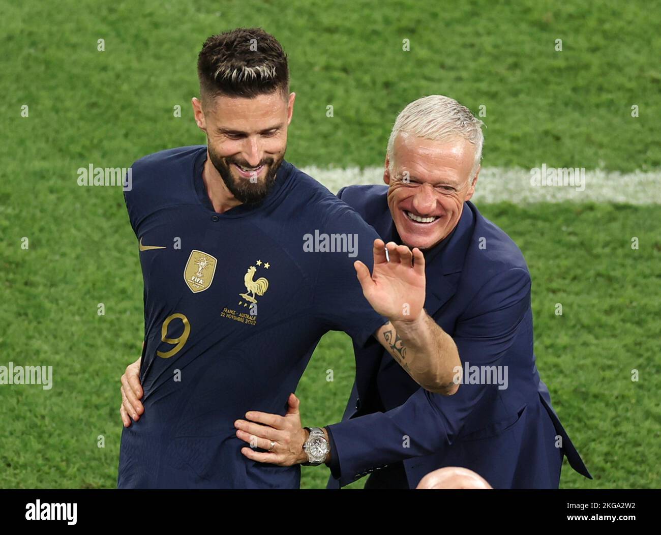 Al Wakrah, Qatar. 22nd Nov, 2022. Olivier Giroud (L) of France celebrates with Didier Deschamps, head coach of France, during the Group D match between France and Australia of the 2022 FIFA World Cup at Al Janoub Stadium in Al Wakrah, Qatar, Nov. 22, 2022. Credit: Pan Yulong/Xinhua/Alamy Live News Stock Photo
