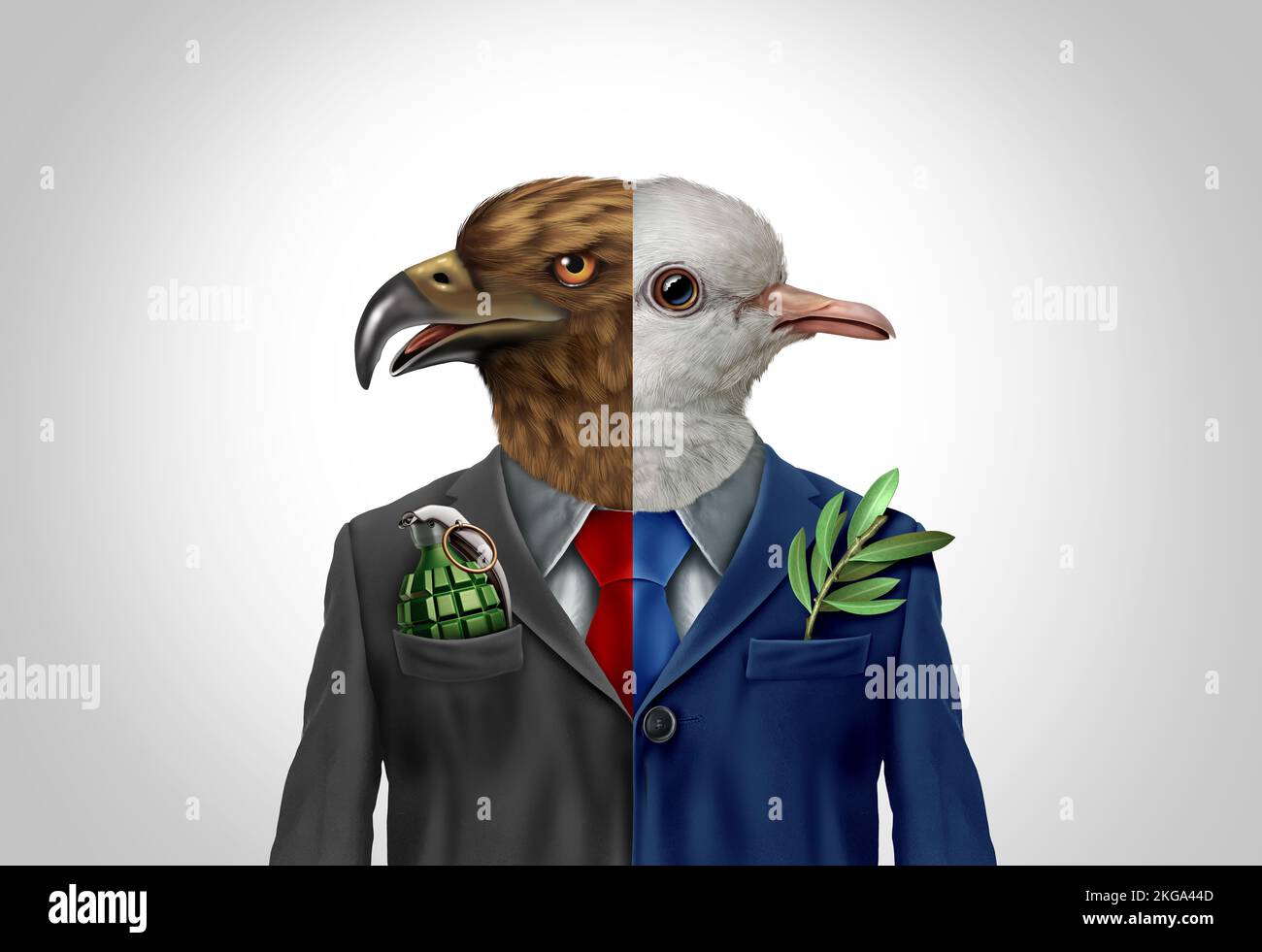 Warmonger and Pacifist as a pro-War or anti-war And Diplomacy Symbol as a Hawk and Peace Dove Diplomacy with an olive branch and grenade Stock Photo