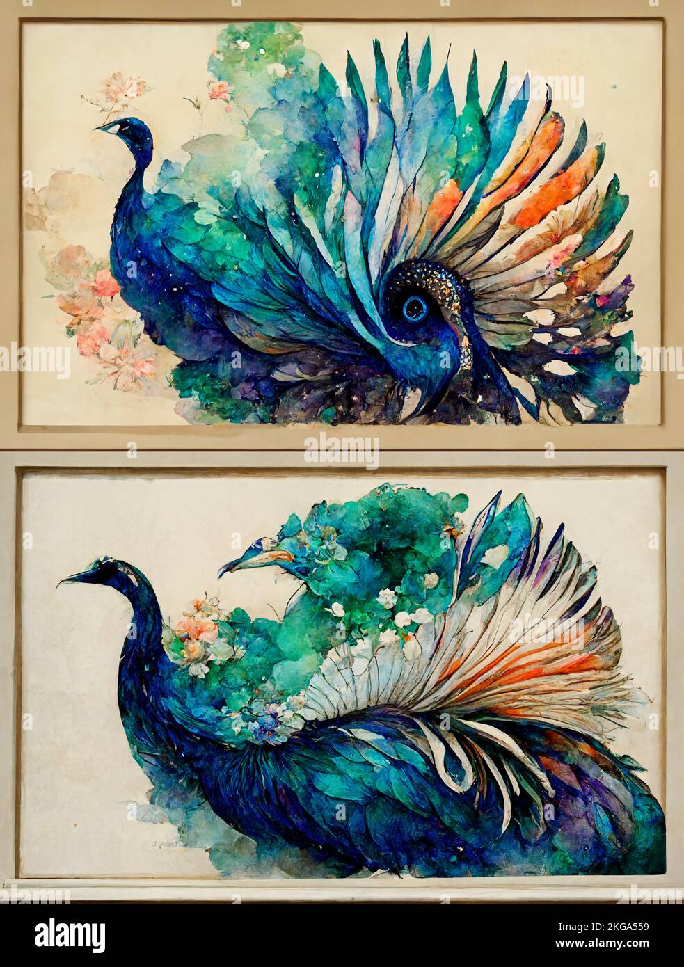 Drawing colorful peacock wall digital art with flowers. 3d modern wall