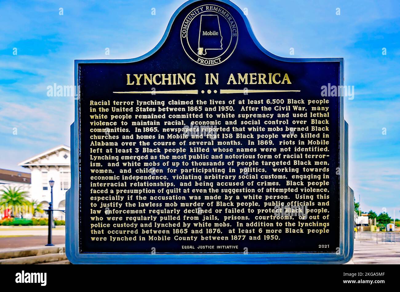 A historic marker tells of the history of lynching in America, Nov. 20, 2022, in Mobile, Alabama. Stock Photo