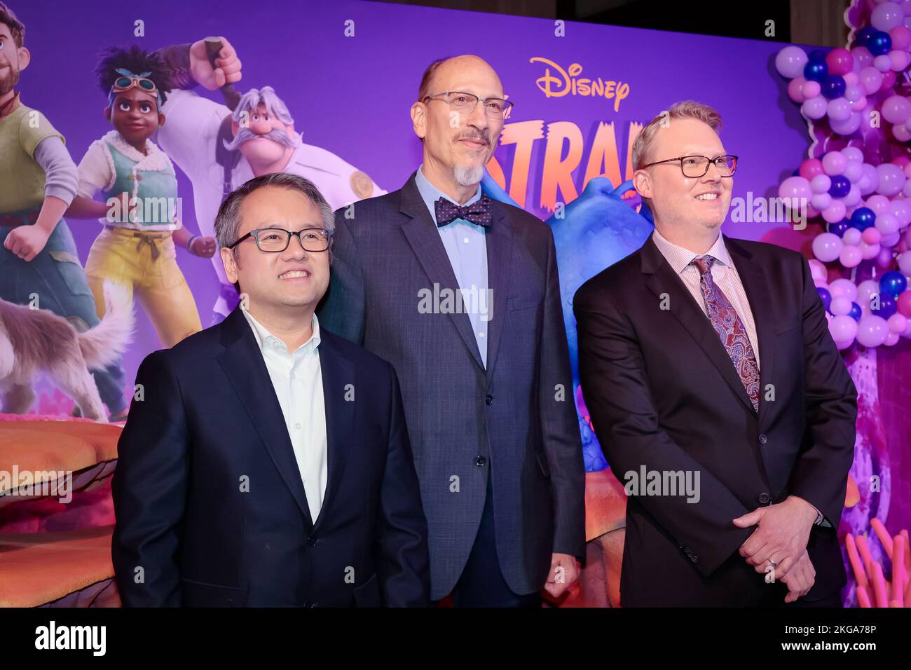 Rome, Italy - 21 Nov 2022: Qui Nguyen (l), Roy Conly (c) and Don Hall (r) attend the red carpet of the premiere of the Disney movie 'Strange World - Un Mondo Misterioso' at The Space Cinema Moderno. Rome, Italy. Stock Photo