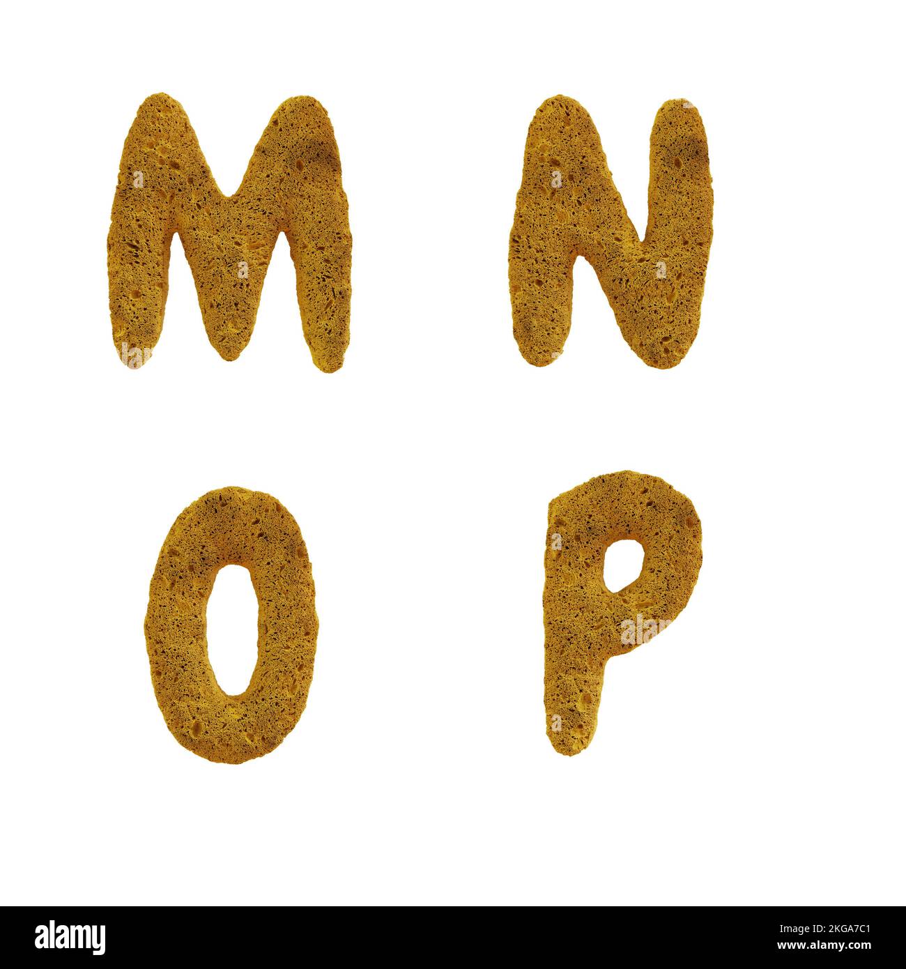 3D render of yellow sponge capital letter alphabet - letters M- P Stock Photo