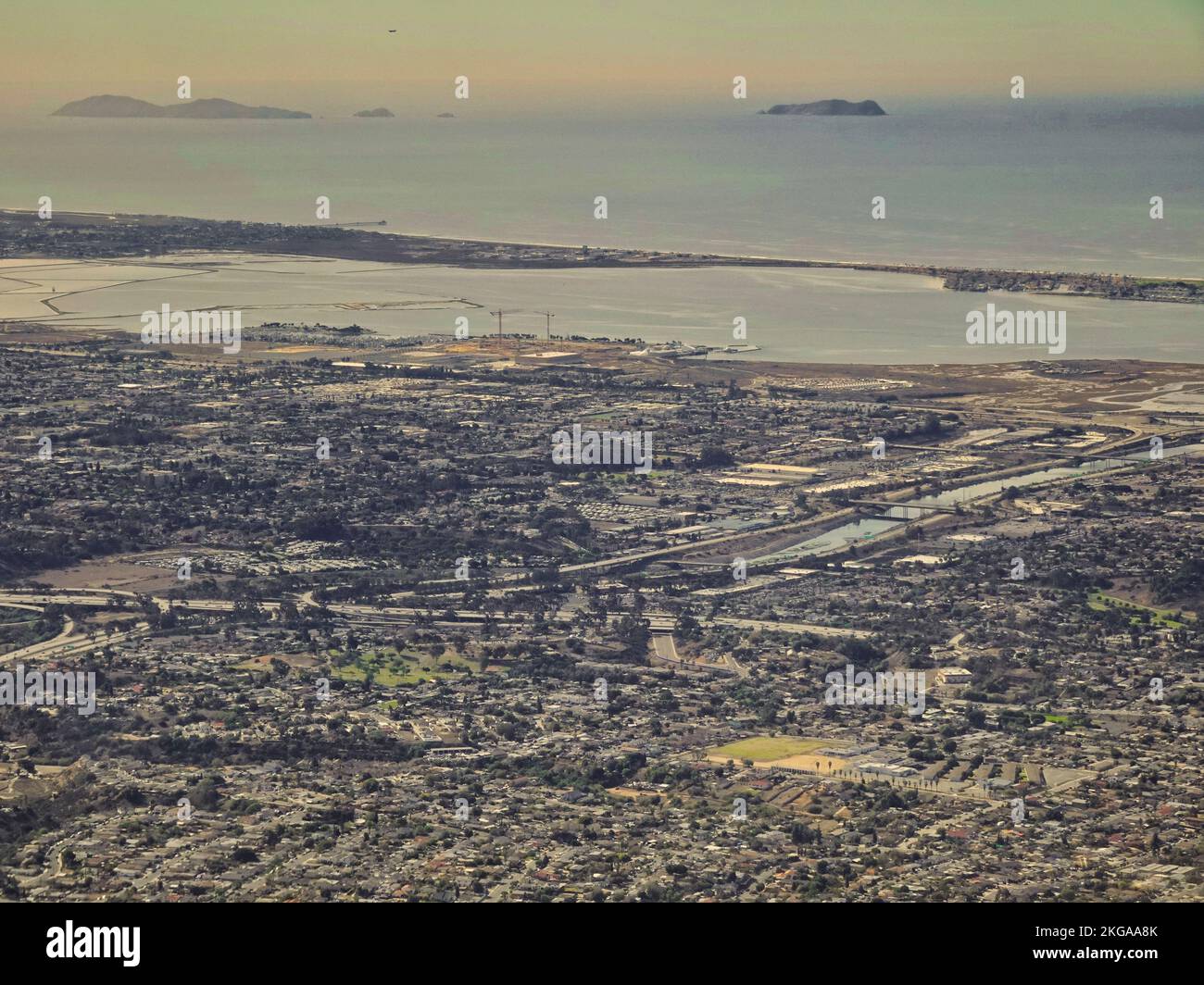 San Diego, CA., USA 11th November, 2022       Aerial view of the south part of San Diego looking towards Chula Vista and beyond to Silver Strand Beach and the islands of Correos De México, and South Coronado, Baja California Stock Photo