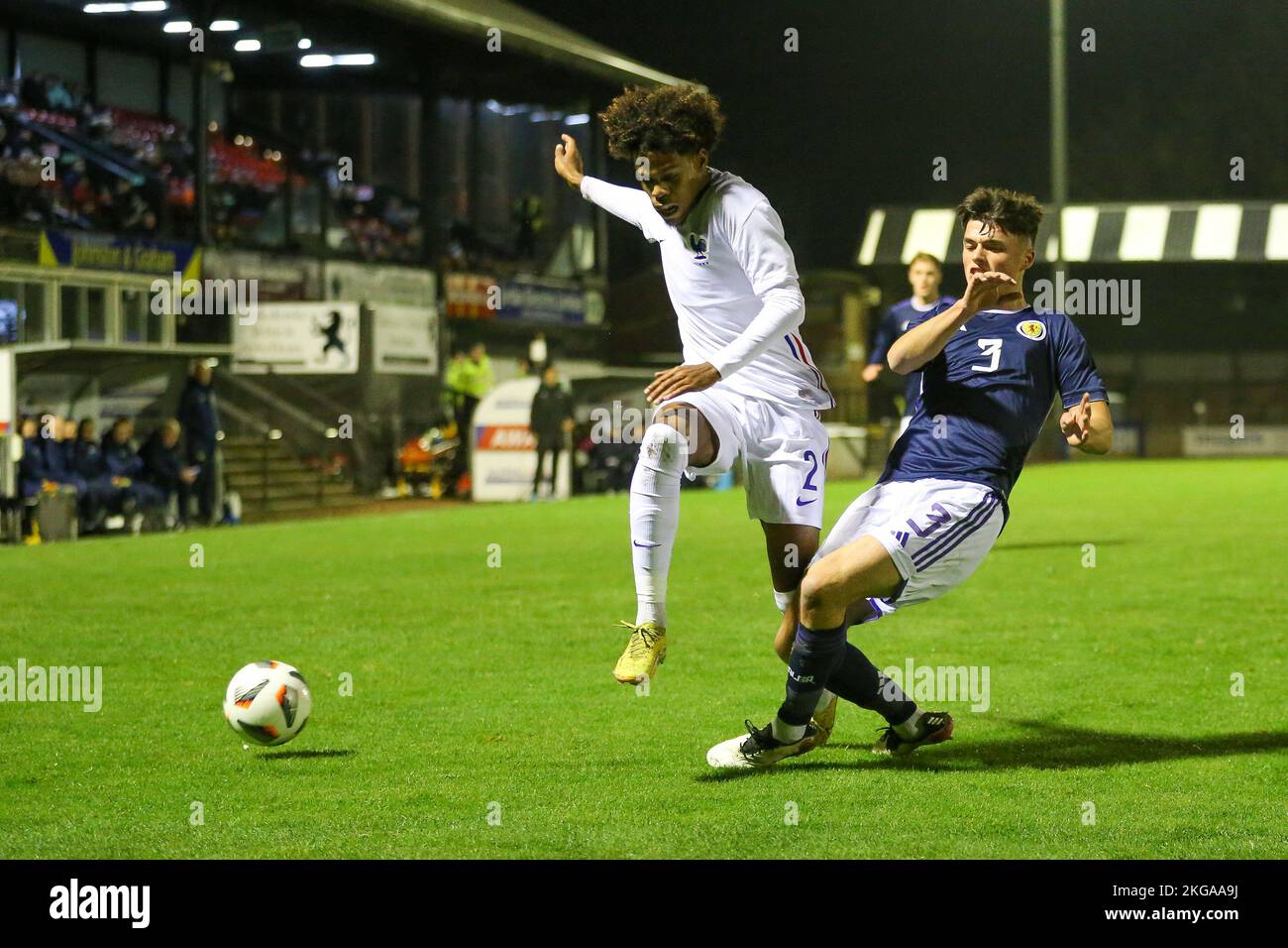 Ayr, UK. 22nd Nov, 2022. Scotland under 19s played against France under 19s at Sommerset Park, Ayr, Ayrshire Scotland, UK in the European Under 19 Championship 2023 qualifying round. France won 3 -1 and this puts Scotland out the competition and France go through to the next round. Credit: Findlay/Alamy Live News Stock Photo