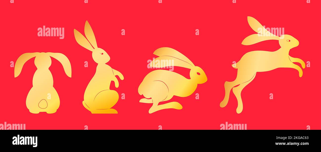 Chinese New Year 2023. Golden Christmas bunny with asian ornament. Symbol of new year Stock Vector