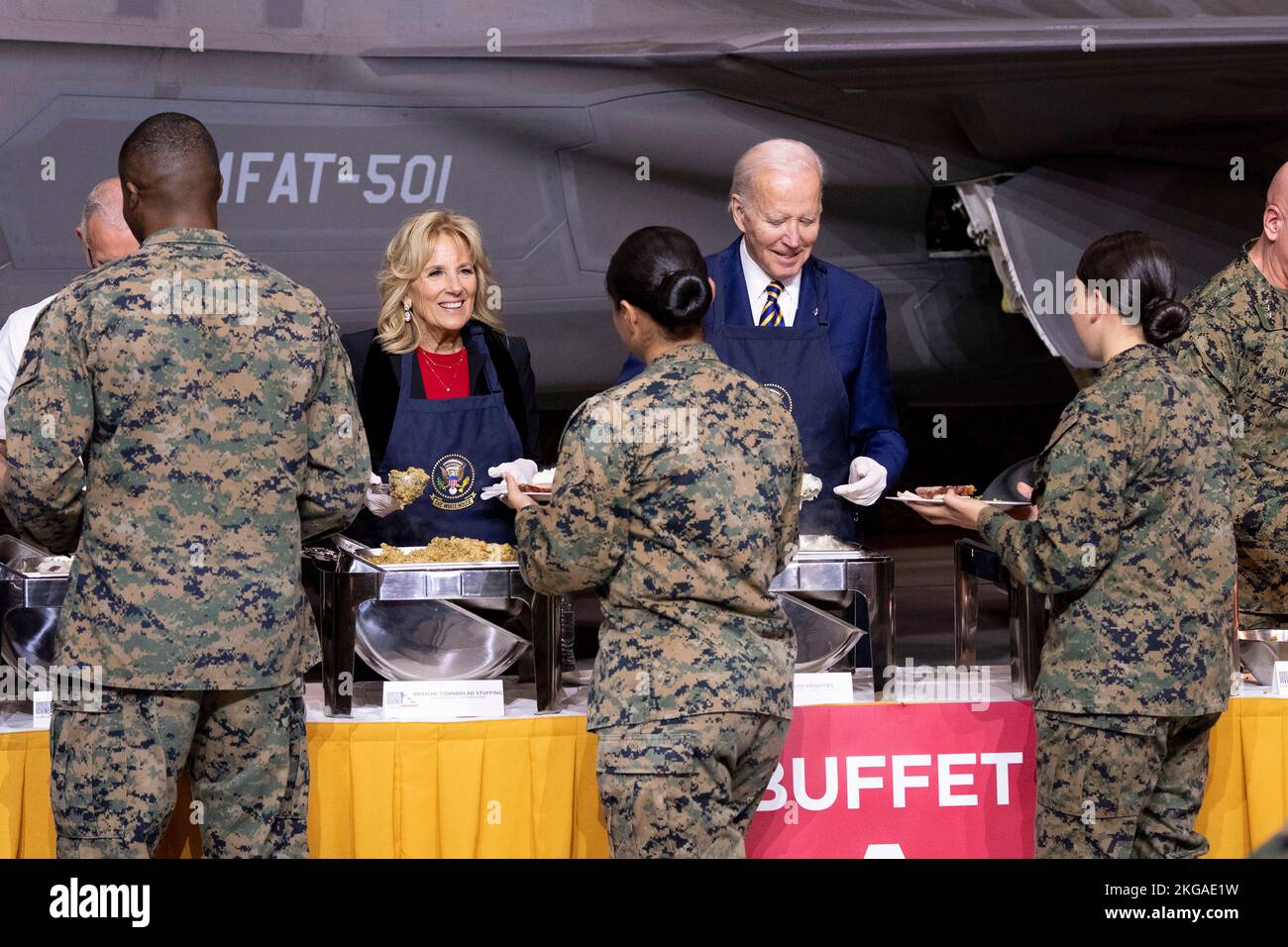 Havelock, United States. 21st Nov, 2022. U.S. President Joe Biden and First Lady Jill Biden serve Marines during the traditional Thanksgiving Turkey dinner at MCAS Cherry Point, November 21, 2022 in Havelock, North Carolina. Credit: Adam Schultz/White House Photo/Alamy Live News Stock Photo