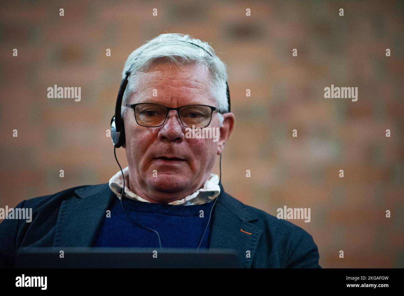 Bogota, Colombia, November 22, 2022. Kristinn Hrafnsson, chief editor of WikiLeaks speaks during a discussion on freedom of expression at Colombia's National University, in Bogota, Colombia, November 22, 2022. Stock Photo