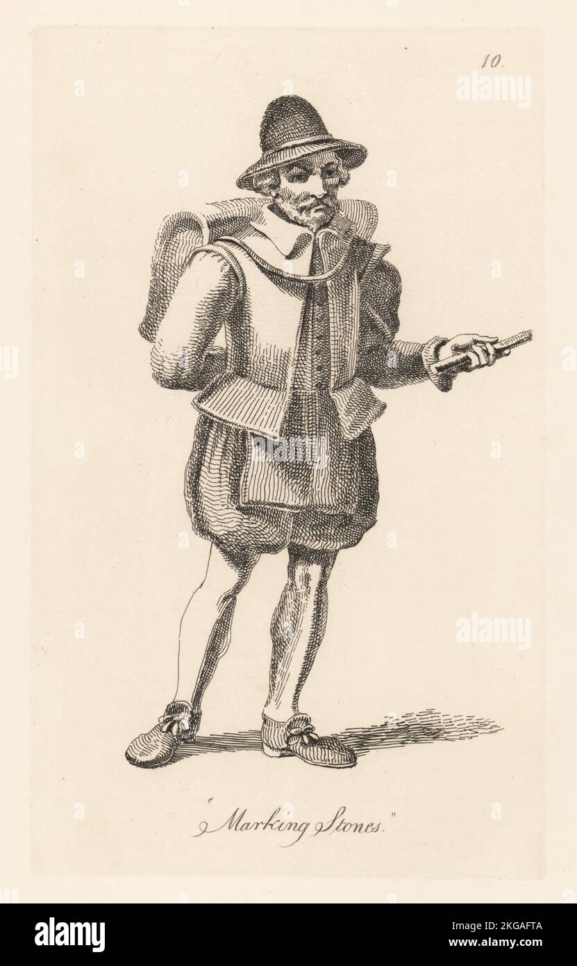 Itinerant seller of Marking Stones, early 17th century. In cap, doublet, hose and shoes, with satchel. Marking stones, black lead or ruddle red, were used to identify possessions, such as linen sheets or flocks of sheep, with indelible marks. From Henry Overton's trades and callings, era of King James I. Copperplate engraving drawn and engraved by John Thomas Smith from his own The Cries of London, or Vagabondiana 2, edited by Francis Douce, John Bowyer Nichols, London, 1839. Stock Photo