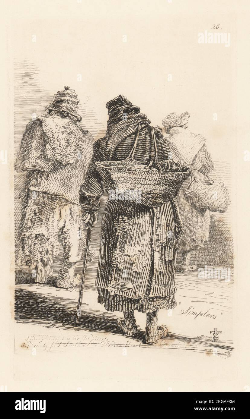 Three women itinerant simplers or herbalists returning home from Covent Garden market to Croyden on the Stockwell Road. In hats, ragged coats and patched skirts, with baskets and walking sticks. Simplers gathered champignons, mushrooms, watercress, dandelions, nettles, feverfew, bitter-sweet, etc., in the country to sell in London. Copperplate engraving drawn from life and engraved by John Thomas Smith from his own The Cries of London, or Vagabondiana 2, edited by Francis Douce, John Bowyer Nichols, London, 1839. Stock Photo