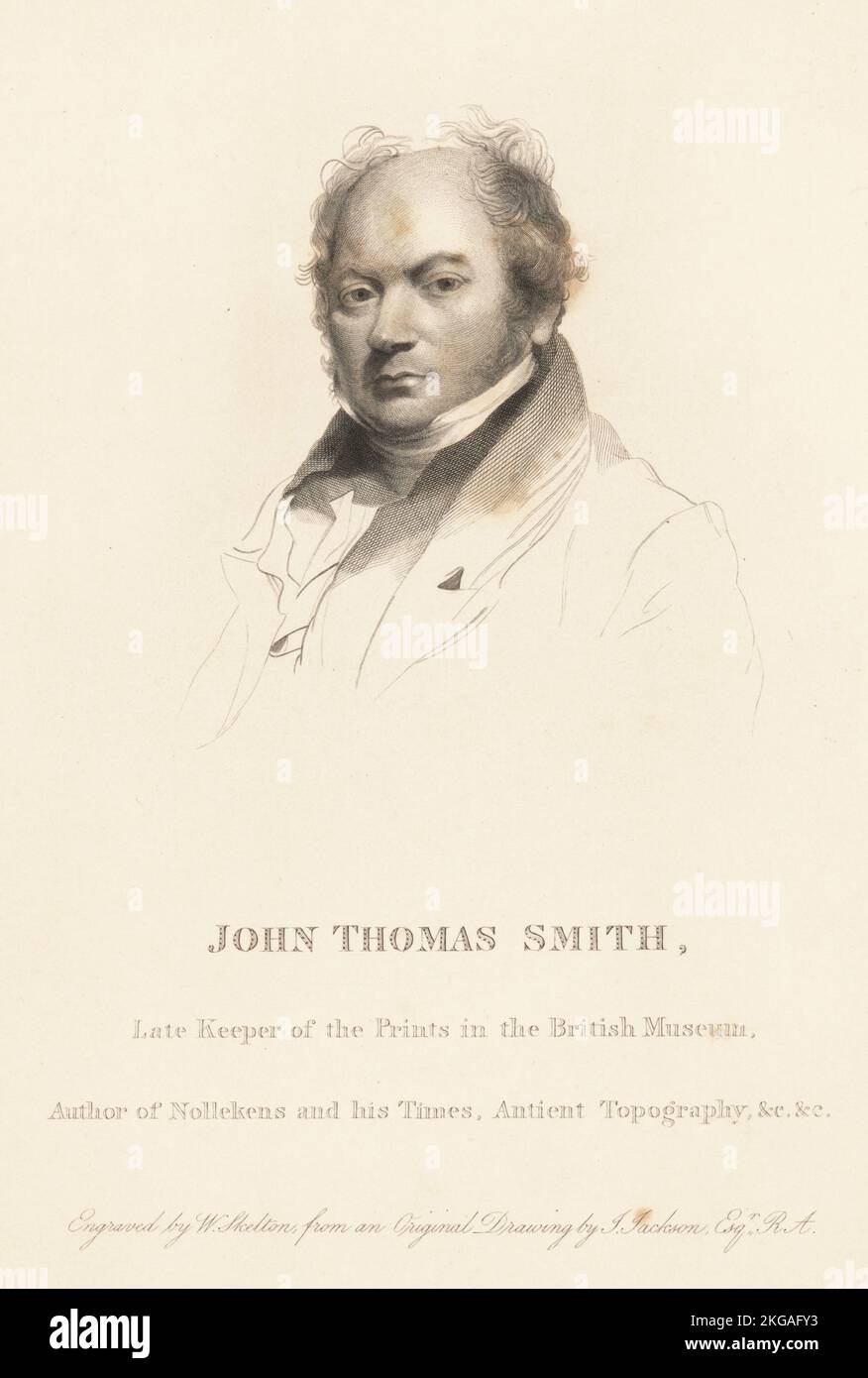 John Thomas Smith, late Keeper of the Prints in the British Museum, author of Vagabondia, Nollekens and His Times, Antient Topography, 1766-1833. Copperplate engraving by William Skelton after a portrait by John Jackson from John Thomas Smith's The Cries of London, or Vagabondiana 2, edited by Francis Douce, John Bowyer Nichols, London, 1839. Stock Photo