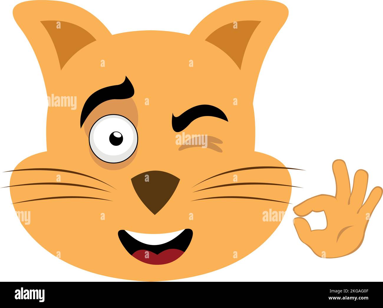 Vector illustration of the face of a cartoon cat with a cheerful expression, winking eye and making the classic gesture with his hand of ok or perfect Stock Vector