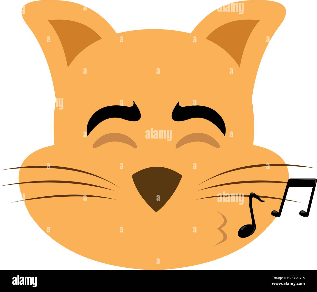 Vector illustration of the face of a cartoon cat whistling with musical