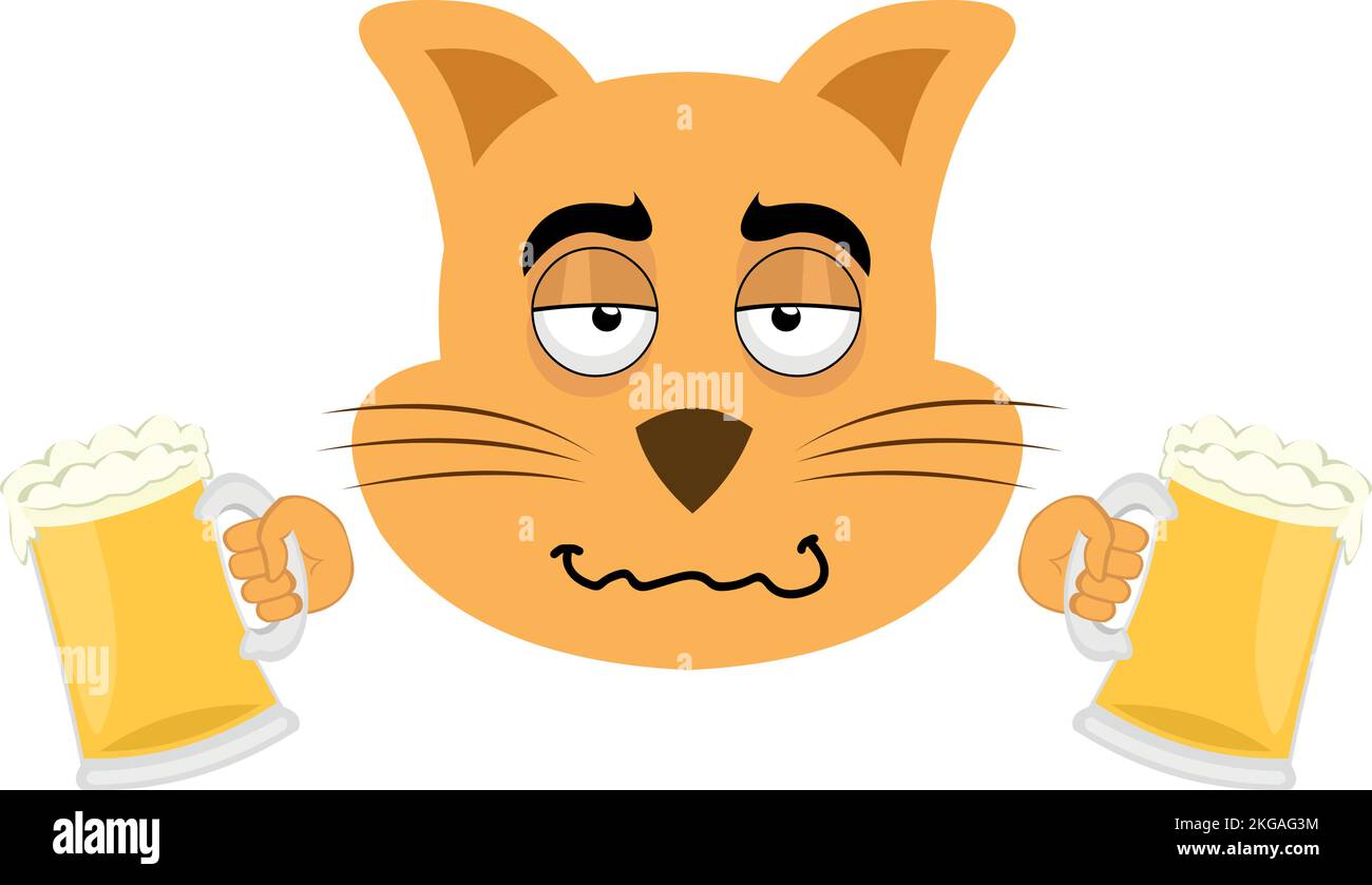 Vector illustration of the face of a drunk cartoon cat with beers in his hands Stock Vector