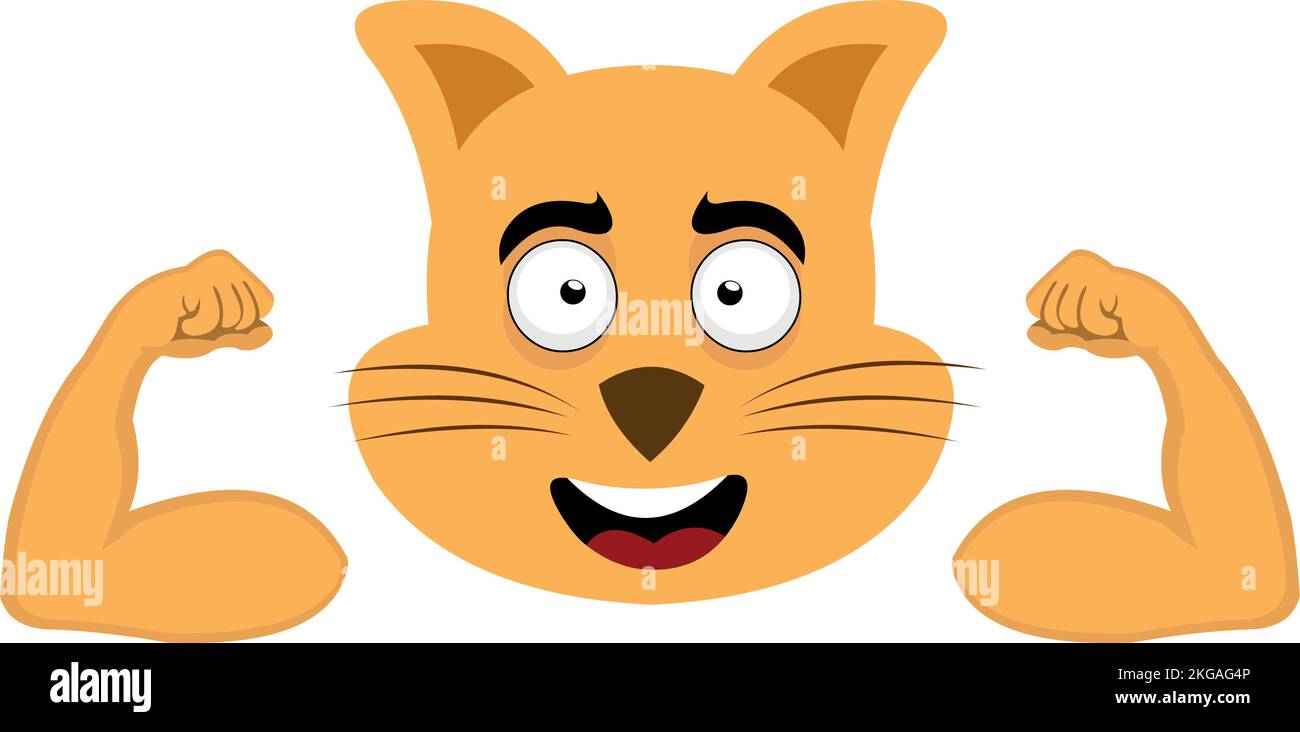 Vector illustration of the face of a cartoon cat with a happy expression and showing the biceps of the arms Stock Vector
