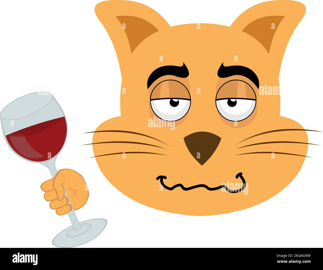 vector illustration of the face of a drunk cartoon cat with a glass of wine in hand Stock Vector