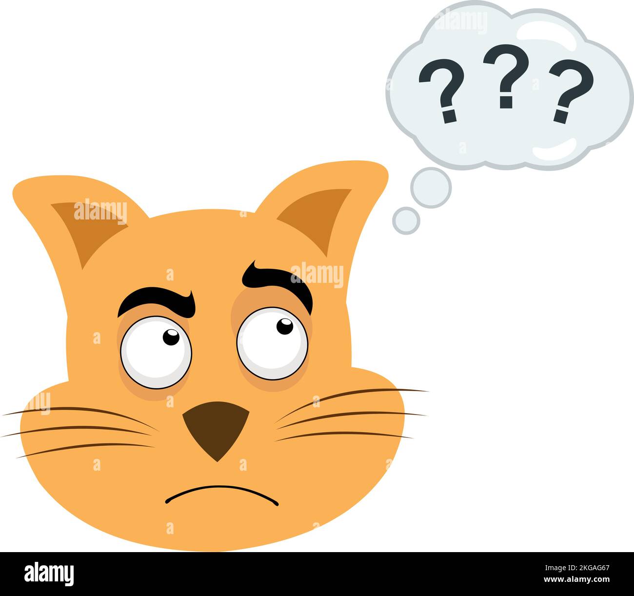 Vector illustration of the face of a cartoon cat with a thinking or doubtful expression, with a thought cloud with question marks Stock Vector