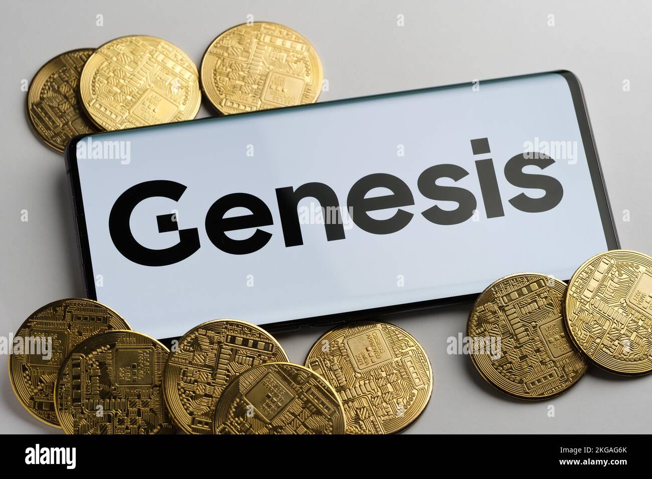 Genesis Global Trading crypto company logo seen on screen of smartphone