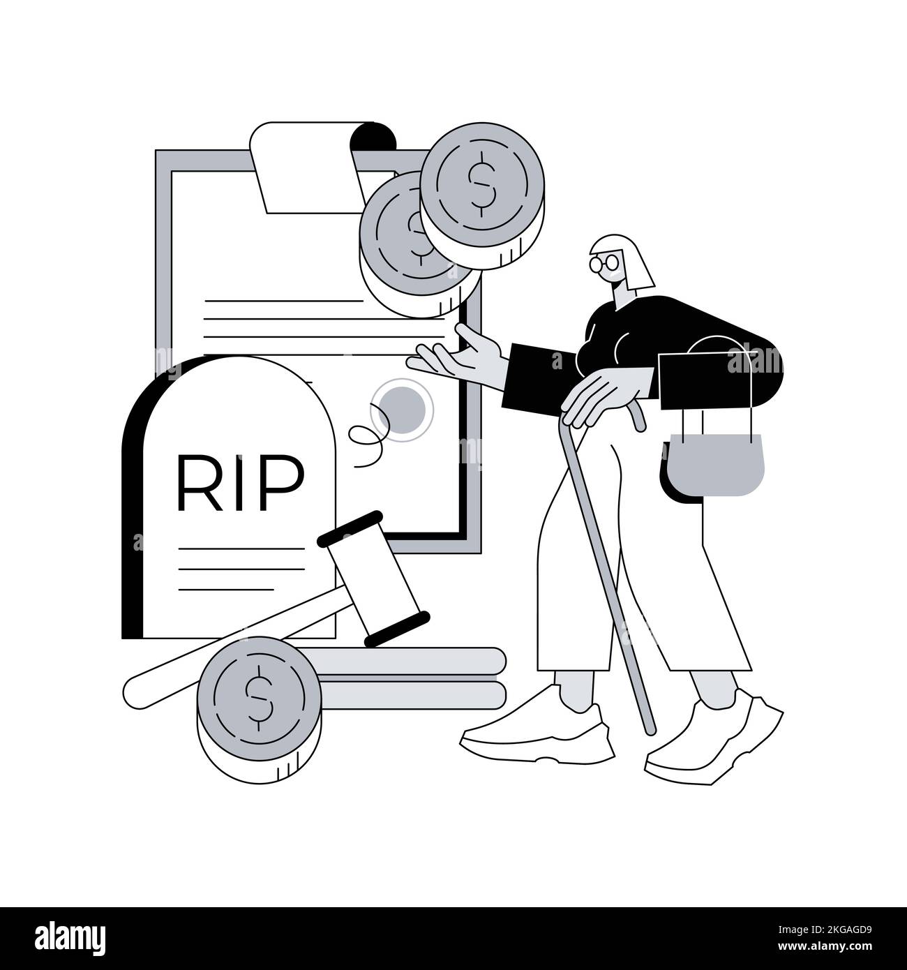 Death grant abstract concept vector illustration. Bereavement grant benefit, government payment, death insurance, wife husband spouse died, evil intent, car accident, emergency abstract metaphor. Stock Vector