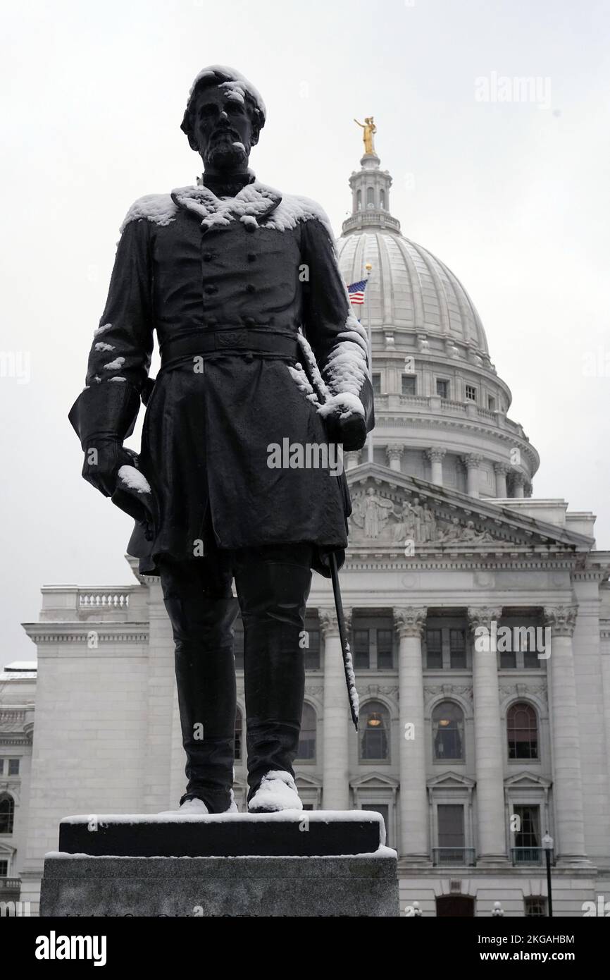 A statue of Norwegian American abolitionist Hans Christian Heg at the Wisconsin State Capitol building, Wednesday, Nov. 22, 2022, in Madison, Wisc. Stock Photo