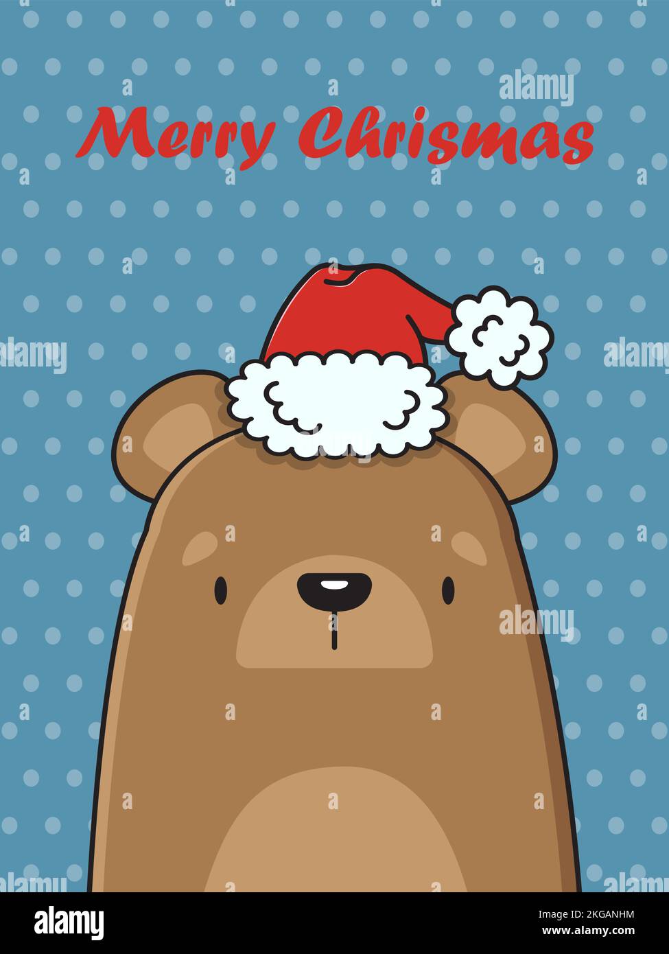 Cute brown bear in a Santa Claus hat. Vector Christmas card. Vector illustration. Stock Vector