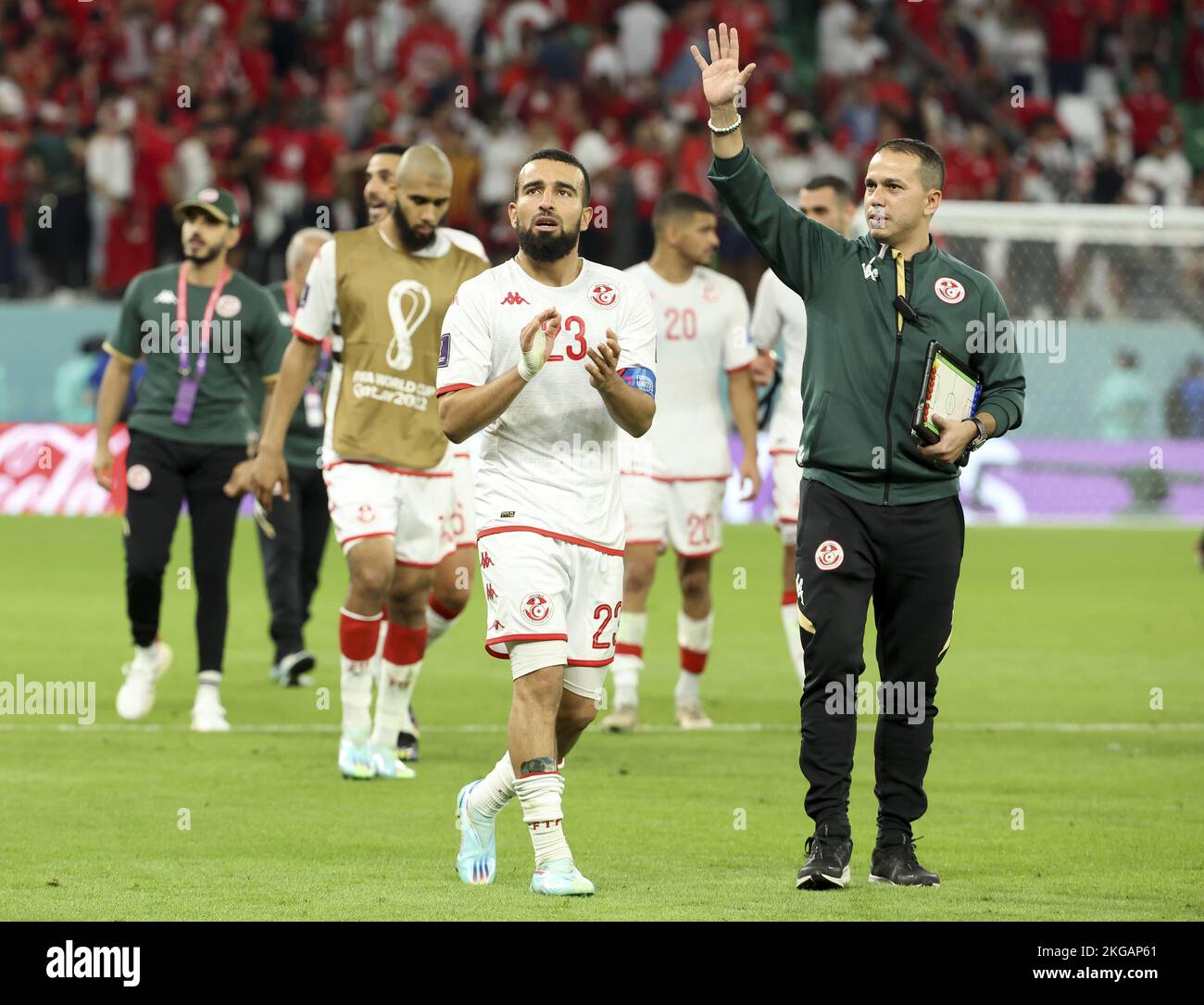 Naim Sliti of Tunisia applauds the fans following the FIFA World Cup 2022, Group D football match between Denmark and Tunisia on November 22, 2022 at Education City Stadium in Doha, Qatar - Photo: Jean Catuffe/DPPI/LiveMedia Stock Photo