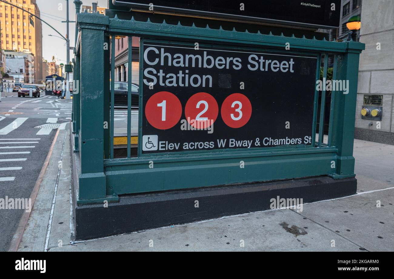 NEW YORK, N.Y. — September 1, 2022: A Chambers Street Station subway entrance is seen in Lower Manhattan. Stock Photo