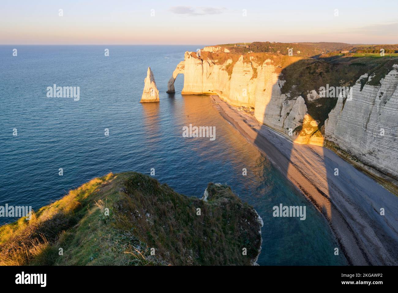 View of the Aiguille and Porte d'Aval at the Falaise d'Aval, evening ...