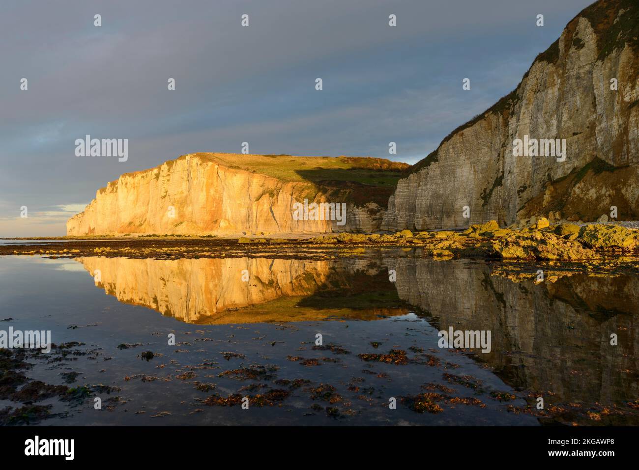 Alabaster coast with chalk cliffs near Étretat at low tide, evening