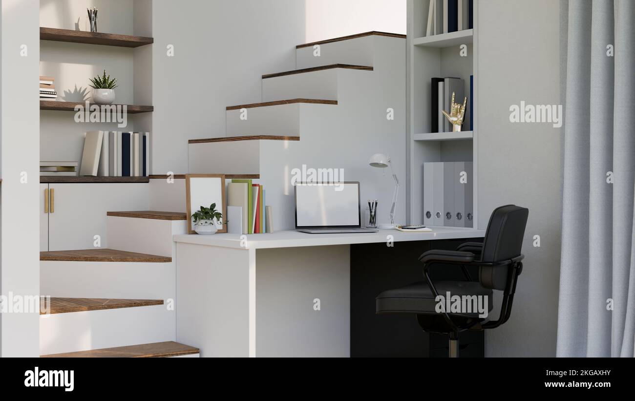 Home working space interior design in modern minimal white style with ...