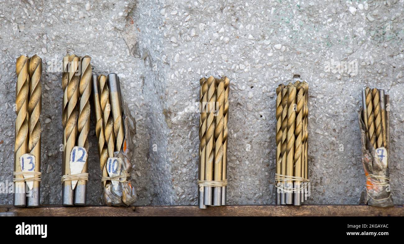 Drill bits grouped into different sizes in view Stock Photo Alamy