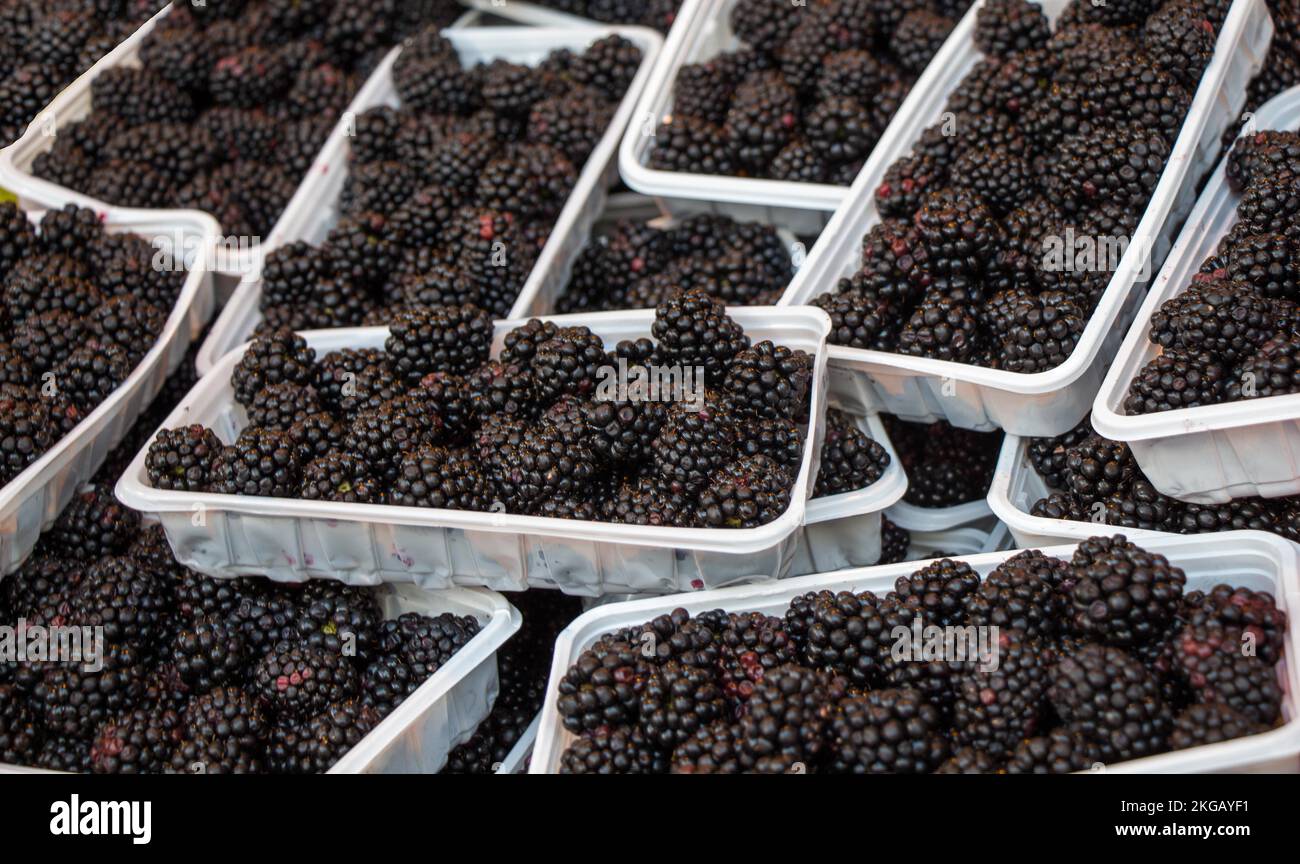 Blackberries in a plastic package on sale on a Turkish street bazaar