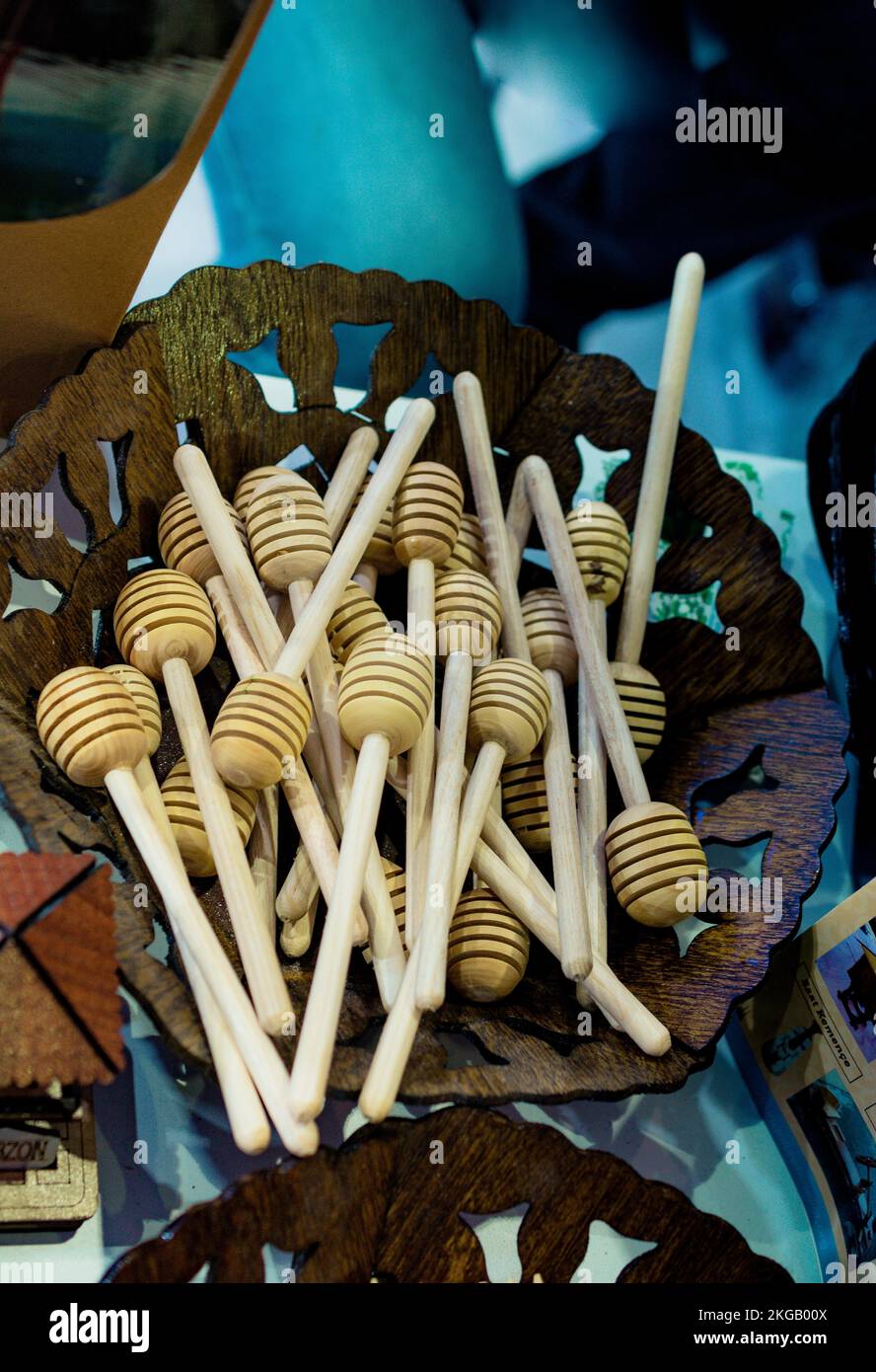 Set of honey dippers made of wood Stock Photo Alamy
