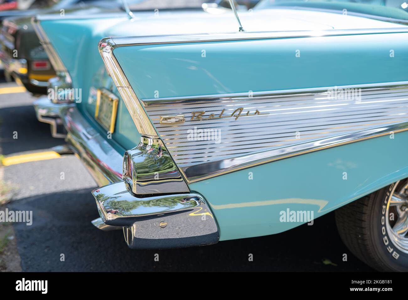 NISSWA, MN – 30 JUL 2022: Rear tailfin of a restored classic 1957 Chevrolet Bel Air automobile, in closeup view. An iconic feature of the Chevy 57 car Stock Photo