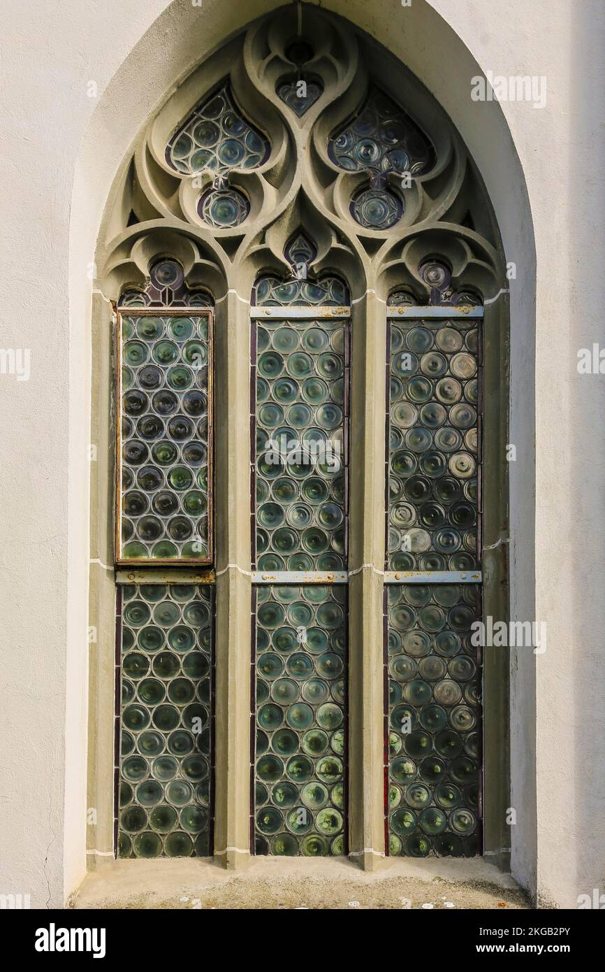Church windows of the cemetery chapel of the Assumption of the Virgin Mary, sacred building, Christian architecture, Meersburg on Lake Constance, Bade Stock Photo