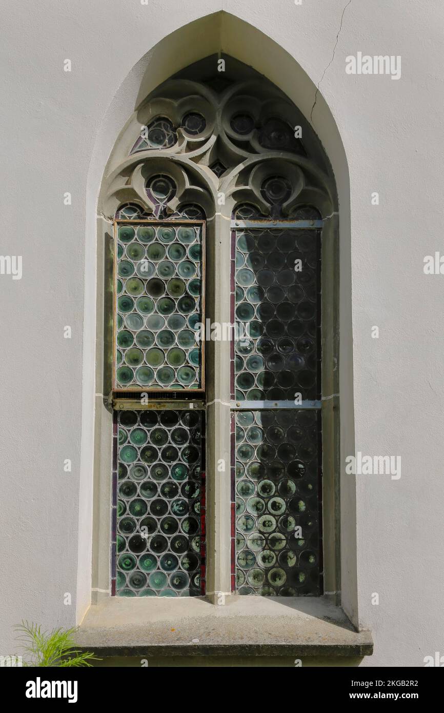 Church windows of the cemetery chapel of the Assumption of the Virgin Mary, sacred building, Christian architecture, Meersburg on Lake Constance, Bade Stock Photo